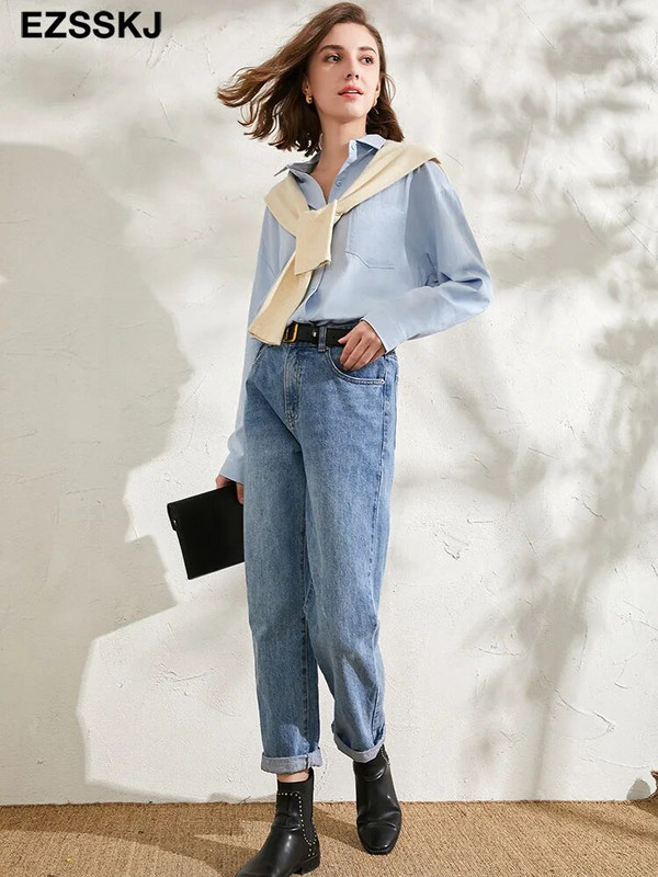 2023 m. naujos prašmatnios laisvalaikio medvilninės palaidinės marškinėliai moteriški vienspalviai oversize ilgos palaidinės marškiniai Moterys