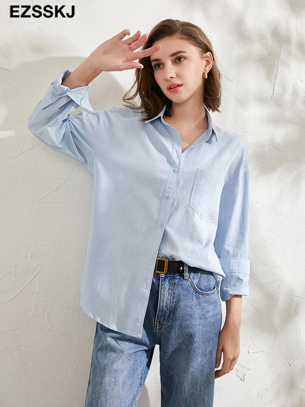 2023 m. naujos prašmatnios laisvalaikio medvilninės palaidinės marškinėliai moteriški vienspalviai oversize ilgos palaidinės marškiniai Moterys