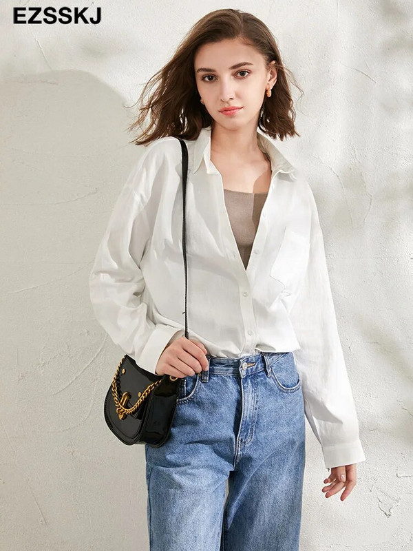 2023 m. naujos prašmatnios laisvalaikio medvilninės palaidinės marškinėliai moteriški vienspalviai oversize ilgos palaidinės marškiniai Moterys