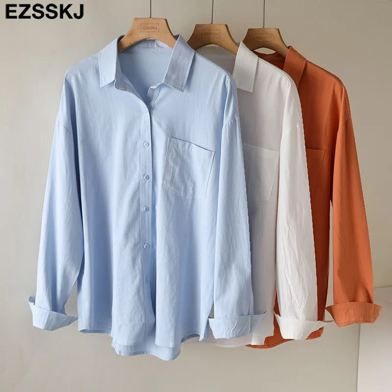 2023 m. naujos prašmatnios laisvalaikio medvilninės palaidinės marškinėliai moteriški vienspalviai oversize ilgos palaidinės marškiniai Moterys