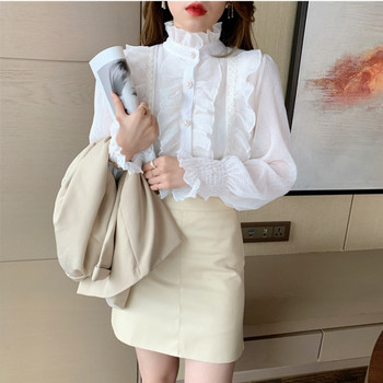 Корейски дамски елегантни шифонени ризи и блузи, шик с дълги ръкави, дантелени волани, стояща яка, ежедневни свободни бели топове, дамски 13433