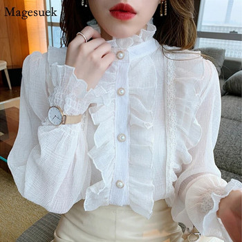 Κομψό Γυναικείο Κορεάτικο πουκάμισο από σιφόν και μπλούζες Κομψό μακρυμάνικο δαντέλα βολάν με γιακά casual χαλαρά λευκά μπλουζάκια Γυναίκα 13433