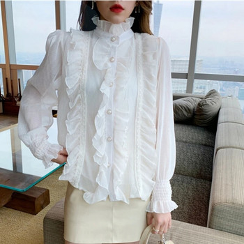 Корейски дамски елегантни шифонени ризи и блузи, шик с дълги ръкави, дантелени волани, стояща яка, ежедневни свободни бели топове, дамски 13433