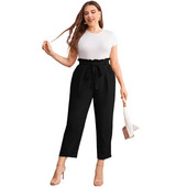 Suures suuruses suvised lahtised püksid, naiste paberkott, vöökoht soliidne must kontori daami pikad sirged püksid, suured püksid 6XL