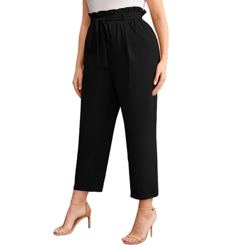Suures suuruses suvised lahtised püksid, naiste paberkott, vöökoht soliidne must kontori daami pikad sirged püksid, suured püksid 6XL