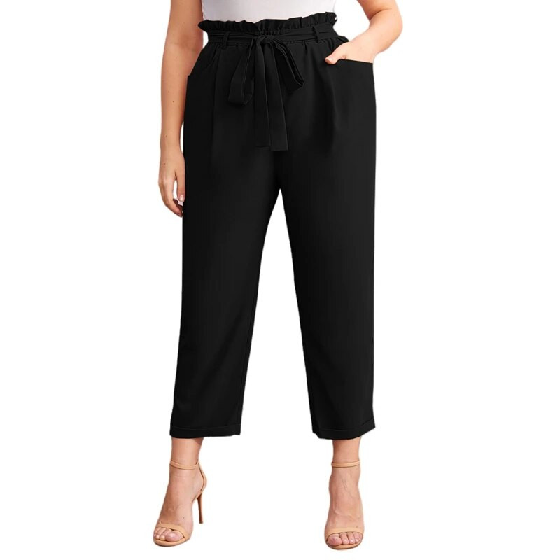 Suures suuruses suvised lahtised püksid, naiste paberkott, vöökoht soliidne must kontori daami pikad sirged püksid, suured püksid 6XL