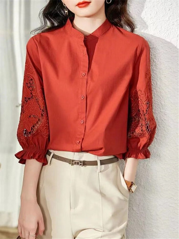 Ретро бродирана дамска риза с яка с стойка, издълбана горна част с копчета с три четвърти ръкави, женски блузи, свободни дамски блузи