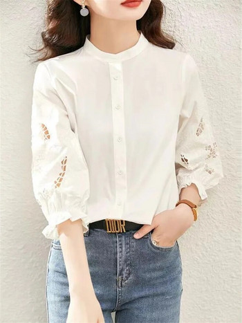 Ретро бродирана дамска риза с яка с стойка, издълбана горна част с копчета с три четвърти ръкави, женски блузи, свободни дамски блузи