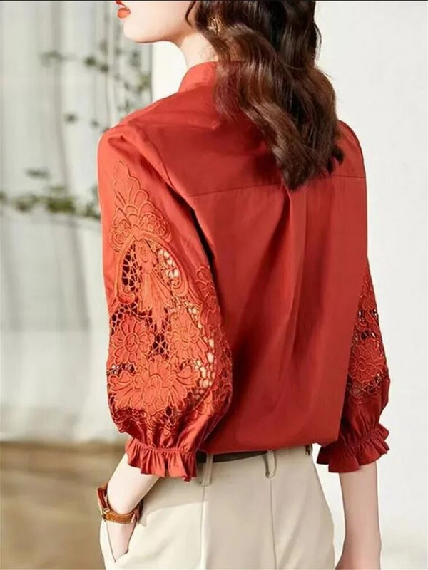 Retro siuvinėti moteriški marškiniai, stovi apykaklė, tuščiavidurė, trijų ketvirčių rankovėmis, viršutinė moteriška palaidinė Laisvos moteriškos palaidinės