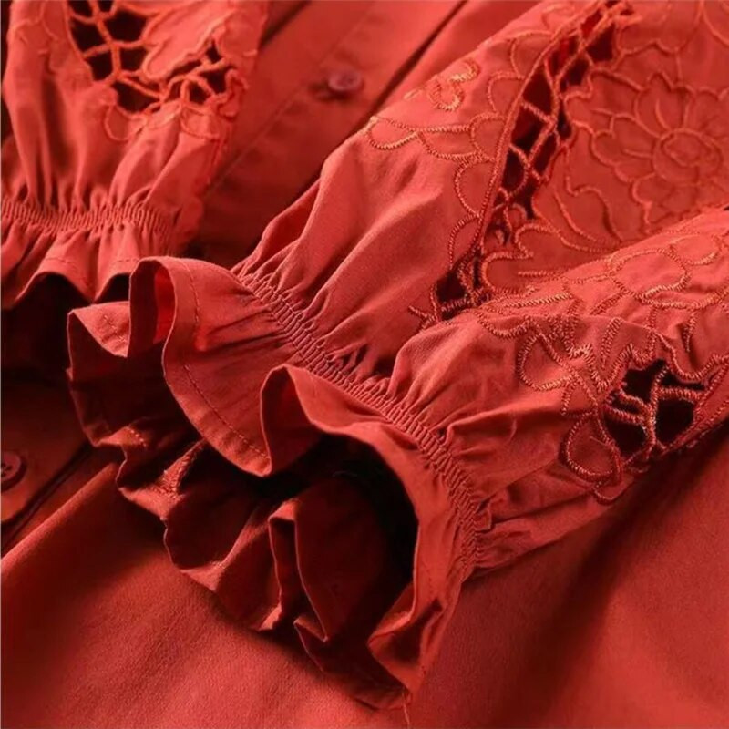 Retro siuvinėti moteriški marškiniai, stovi apykaklė, tuščiavidurė, trijų ketvirčių rankovėmis, viršutinė moteriška palaidinė Laisvos moteriškos palaidinės