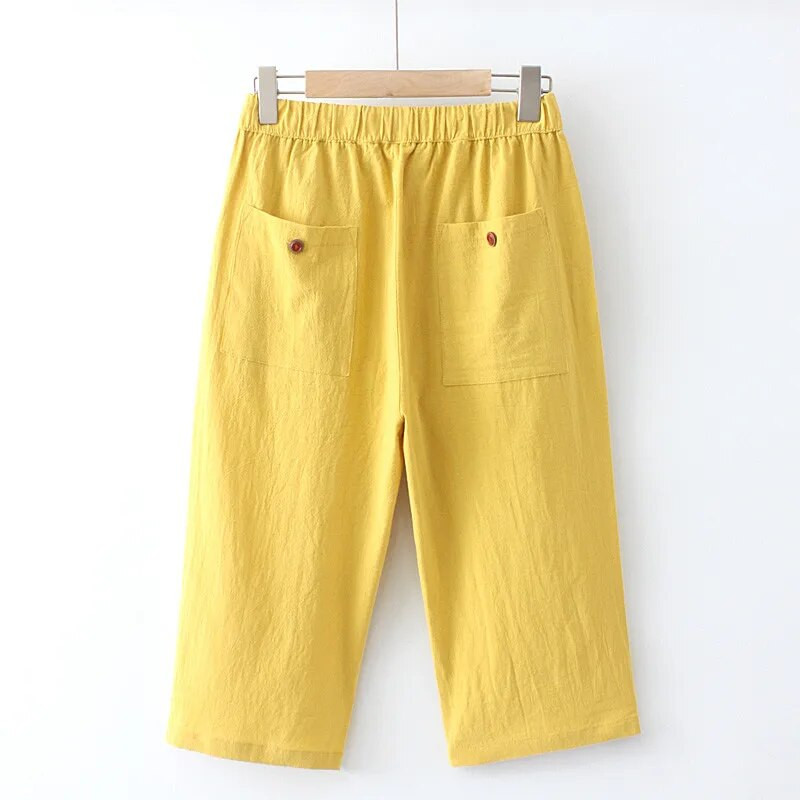 Suures suuruses taskutega püksid Naturaalsest puuvillast ja linasest kangast elastne vöökoht Candy värvi püksid Suvised säärised Fatlady Summer