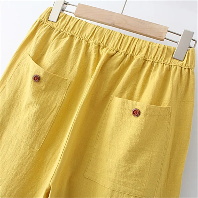 Suures suuruses taskutega püksid Naturaalsest puuvillast ja linasest kangast elastne vöökoht Candy värvi püksid Suvised säärised Fatlady Summer