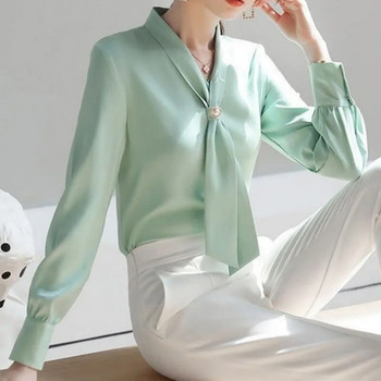 Γυναικείες μπλούζες ανοιξιάτικου φθινοπώρου πουκάμισα Lady casual μακρυμάνικο παπιγιόν γιακά μπλούζα DF4958