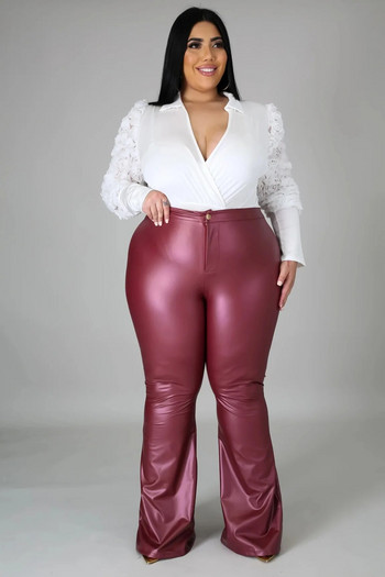 Γυναικείο παντελόνι Plus Size PU Δερμάτινο συμπαγές παντελόνι 2022 Φθινόπωρο Γυναικείο κομψό παντελόνι Flare Lady Casual Designer Παντελόνι Χονδρική
