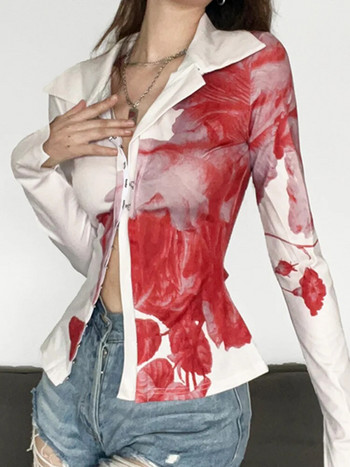 Неправилна блуза Harajuku Дамска 2023 г. реколта Tie Dye Print Y2k Секси риза Ежедневна жилетка с дълги ръкави и дълги ръкави