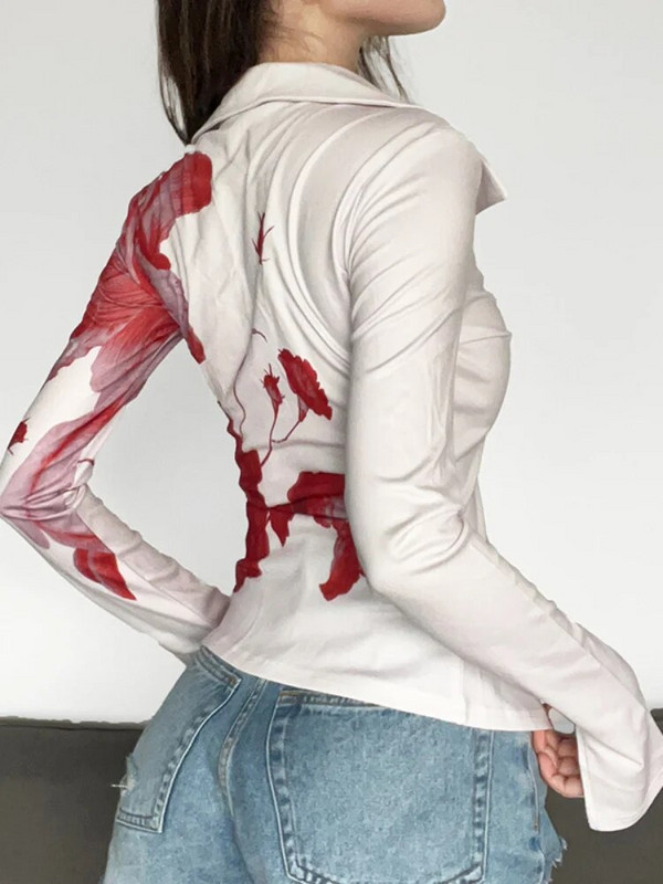 Harajuku netaisyklinga palaidinė, moteriška 2023 m. vintažinio kaklaraiščio dažų spauda Y2k seksualūs marškinėliai, laisvalaikio apverčiama apykakle ilgomis rankovėmis, skeltu megztiniu