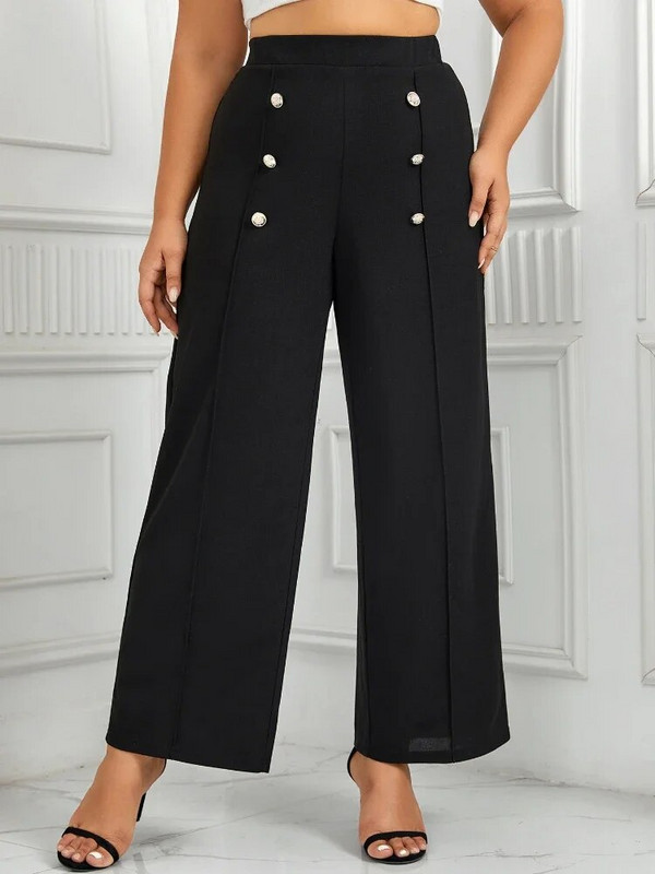 Mustad plusssuuruses naistepüksid kõrge vöökohaga nööbiga sirged pahkluuni ulatuvad püksid Elegantsed moekad töölkäimise kontori naisteriided