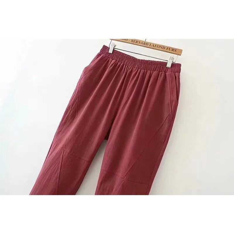 Ženske 2XL-4XL pamučne i lanene hlače za proljeće i ljeto veće veličine Ženske jednobojne harem hlače do gležnja s džepovima