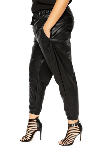Големи размери Елегантни модни пролетни есенни панталони от изкуствена кожа Дамски ежедневни едноцветни черни джобове отстрани Карго панталони с шнурове на талията 5XL
