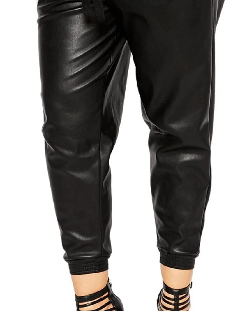 Didelio dydžio elegantiškos mados pavasario rudeninės pu odinės kelnės moteriškos laisvalaikio vientisos juodos kišenės, šonai, raišteliai, juosmens krovininės kelnės 5XL