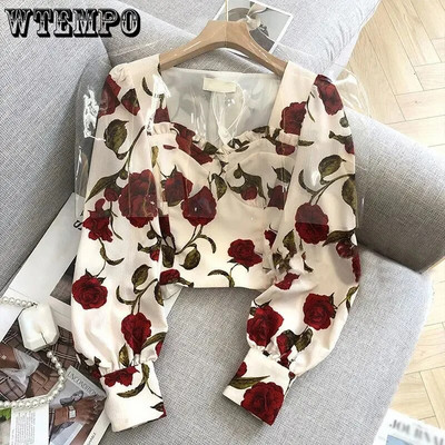 Cămașă cu flori Decolteu plisat Bluză de modă pentru femei, primăvară și vară, cămăși retro șic francez pentru damă, cu fermoar la spate, top gotic