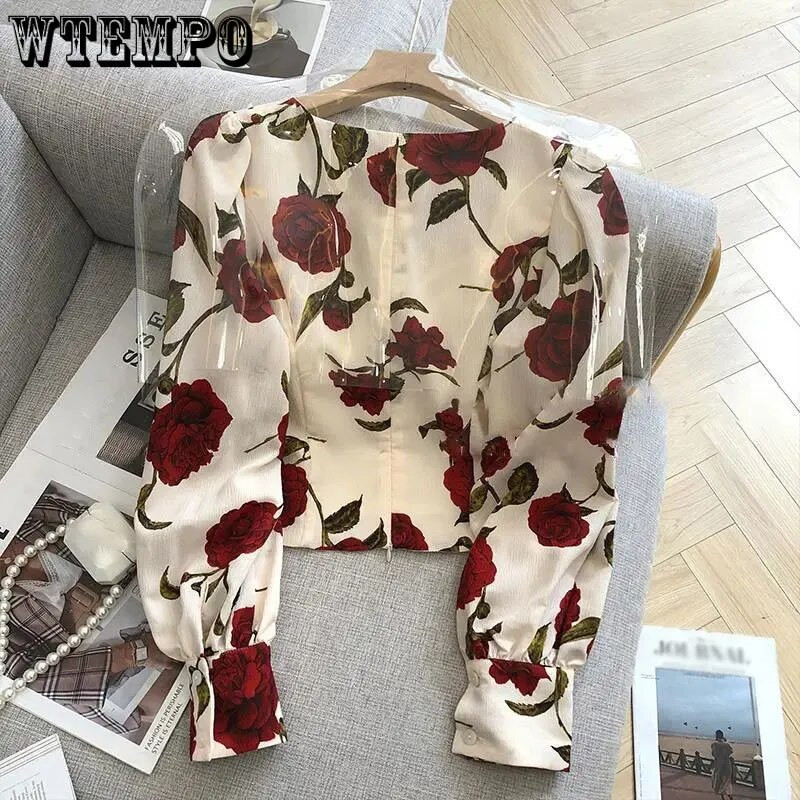 Cămașă cu flori Decolteu plisat Bluză de modă pentru femei, primăvară și vară, cămăși retro șic francez pentru damă, cu fermoar la spate, top gotic