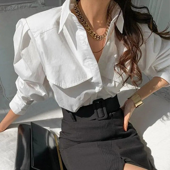 Deeptown Елегантни бели шифонени блузи Дамски памучни шикозни ризи с буф ръкав в стил стари пари Ризи с дълъг ръкав Ежедневни широки офис облекла