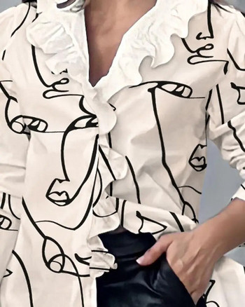 Модна дамска блуза с щампа 2023, ново лято, копче с волани, V-образно деколте, работно работно работно офис горнище, женска бяла риза S-XXXL