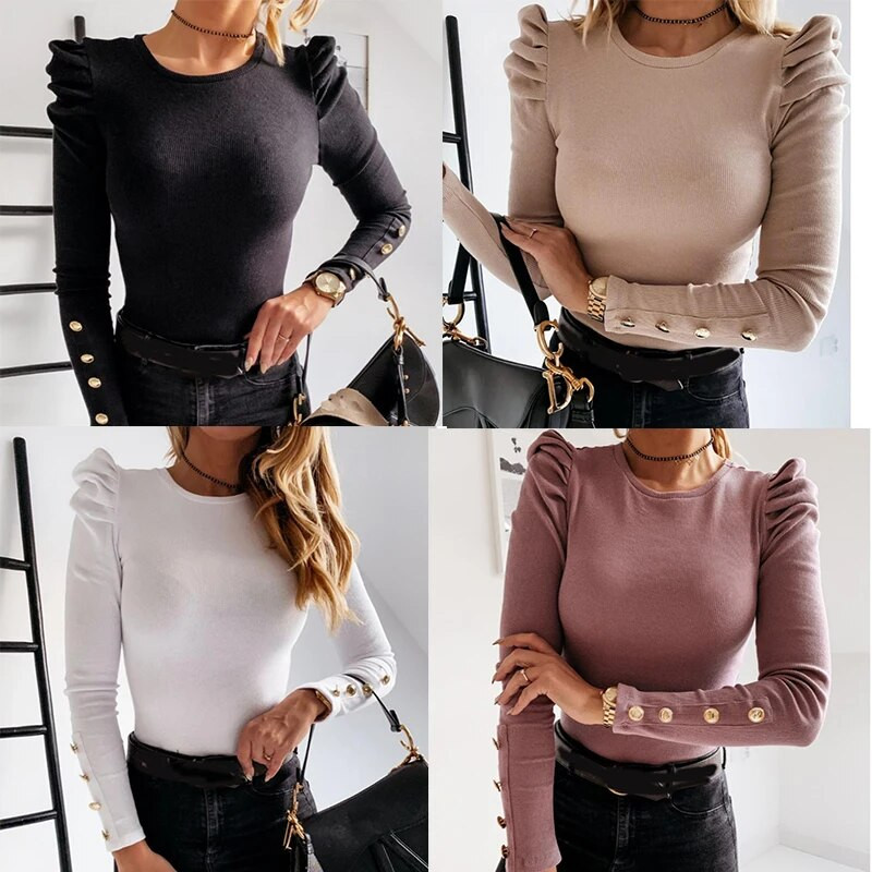 Sieviešu pavasara ikdienas sieviešu topi ar garajām piedurknēm tauriņš ar garām piedurknēm Sieviešu topi ar O veida kakla izgriezumu, plāni rievoti džemperi Ikdienas rievoti sieviešu topi, 2021