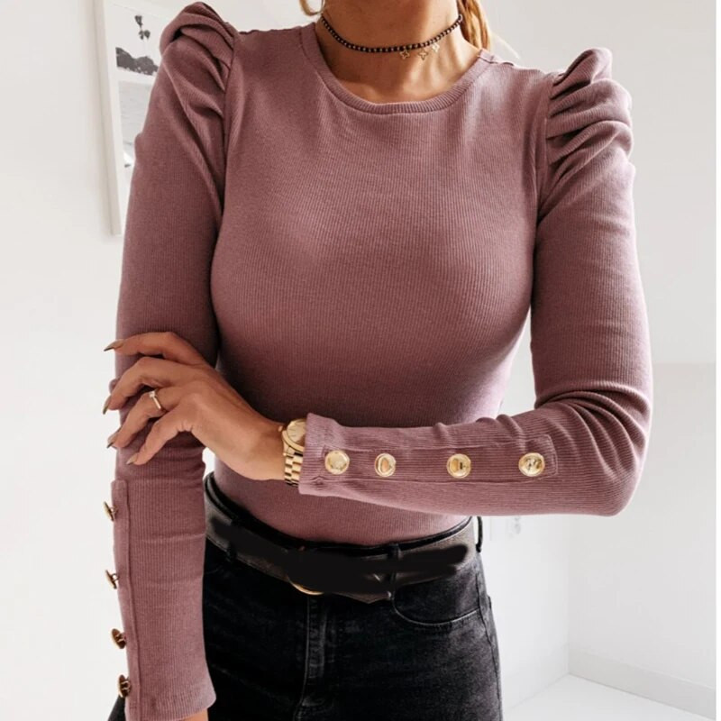 Sieviešu pavasara ikdienas sieviešu topi ar garajām piedurknēm tauriņš ar garām piedurknēm Sieviešu topi ar O veida kakla izgriezumu, plāni rievoti džemperi Ikdienas rievoti sieviešu topi, 2021