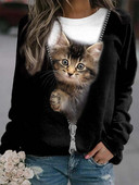 Suures suuruses 5XL Populaarne naiste T-särk pikkade varrukatega laia kaelusega T-särk Värviline kasside kassi 3D-prindiga Liiga suured lahtised vabaaja topid