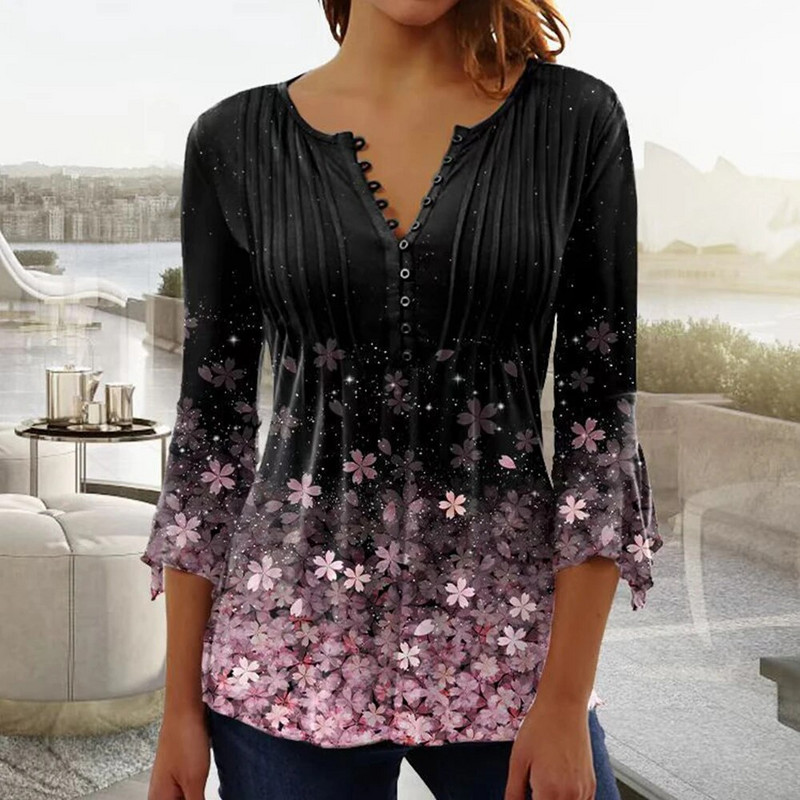 Ženske cvjetne tunike dugih rukava s V izrezom Ženska kauzalna široka bluza s puloverom Odjeća velikih veličina za jesen zimu 2023.