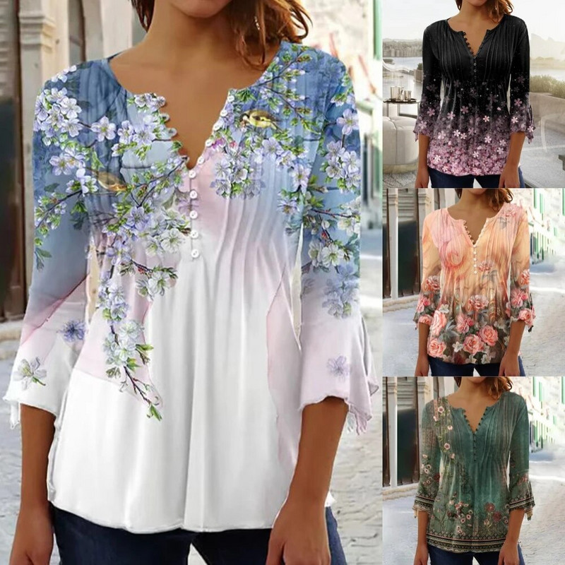 Ženske cvjetne tunike dugih rukava s V izrezom Ženska kauzalna široka bluza s puloverom Odjeća velikih veličina za jesen zimu 2023.