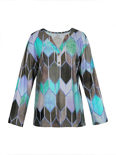 Μεγάλο μέγεθος Γυναικείο Ταμπεραμέντο Κομψό μακρυμάνικο επάνω κουμπί με λαιμόκοψη V με γεωμετρικό σχέδιο χαλαρό μπλουζάκι πουλόβερ