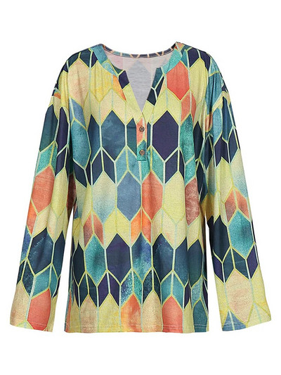 Μεγάλο μέγεθος Γυναικείο Ταμπεραμέντο Κομψό μακρυμάνικο επάνω κουμπί με λαιμόκοψη V με γεωμετρικό σχέδιο χαλαρό μπλουζάκι πουλόβερ
