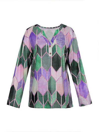 Μεγάλο μέγεθος Γυναικείο Ταμπεραμέντο Κομψό μακρυμάνικο επάνω κουμπί με λαιμόκοψη V με γεωμετρικό σχέδιο χαλαρό μπλουζάκι πουλόβερ