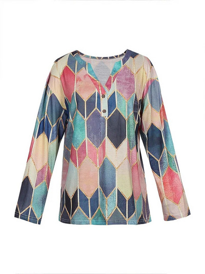 Μεγάλο μέγεθος Γυναικείο Ταμπεραμέντο Κομψό μακρυμάνικο επάνω κουμπί με λαιμόκοψη V με γεωμετρικό σχέδιο χαλαρό μπλουζάκι πουλόβερ
