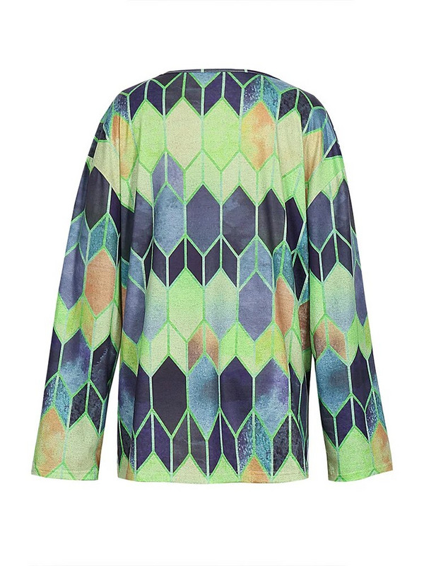 Μεγάλο μέγεθος Γυναικείο Ταμπεραμέντο Κομψό μακρυμάνικο επάνω κουμπί με λαιμόκοψη V με γεωμετρικό σχέδιο χαλαρό μπλουζάκι πουλόβερ