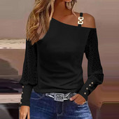 Γυναικεία Μόδα Δαντέλα Πλεκτό T-Shirt με μακρυμάνικο τουνίκ μπλούζα μπλούζα με κουμπιά Μπλούζα κρύο ώμο Plus μέγεθος για κομψό θηλυκό L-3XL