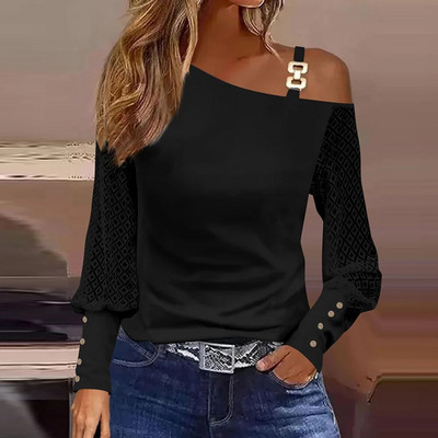 Γυναικεία Μόδα Δαντέλα Πλεκτό T-Shirt με μακρυμάνικο τουνίκ μπλούζα μπλούζα με κουμπιά Μπλούζα κρύο ώμο Plus μέγεθος για κομψό θηλυκό L-3XL