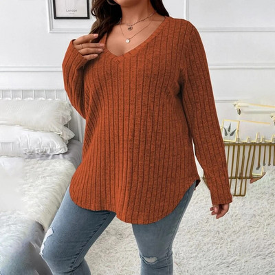Naiste pikkade varrukatega V kaelus, täiskootud pullover, naiste vabaaja pluus Suures suuruses riided 2023 XL-5XL