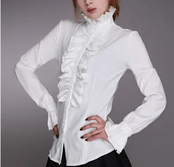 Нова викторианска блуза с волани Дамски OL Офис Дамски бизнес Бяла риза с високо деколте Ръшове с волани Ризи Женски блузи