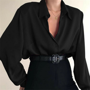 Нова модна есенна дамска блуза, риза с ревер и дълъг ръкав, плътна черна червена дамска блуза за жени Дамско горно облекло