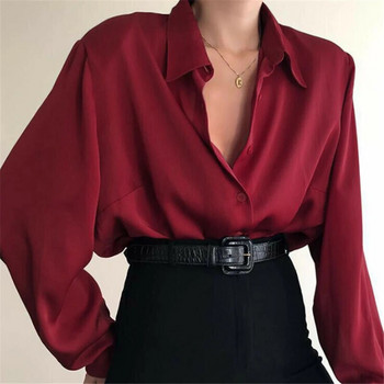 Нова модна есенна дамска блуза, риза с ревер и дълъг ръкав, плътна черна червена дамска блуза за жени Дамско горно облекло