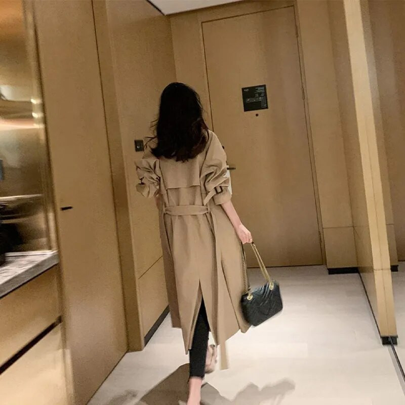 Γυναικείο Φθινοπωρινό Κλασικό Διπλό Μπουφάν Μακρύ Καμπαράκι με Ζώνη Γυναικείο μονόχρωμο ρεβέρ Windbreaker Χειμερινό παλτό για γυναίκες