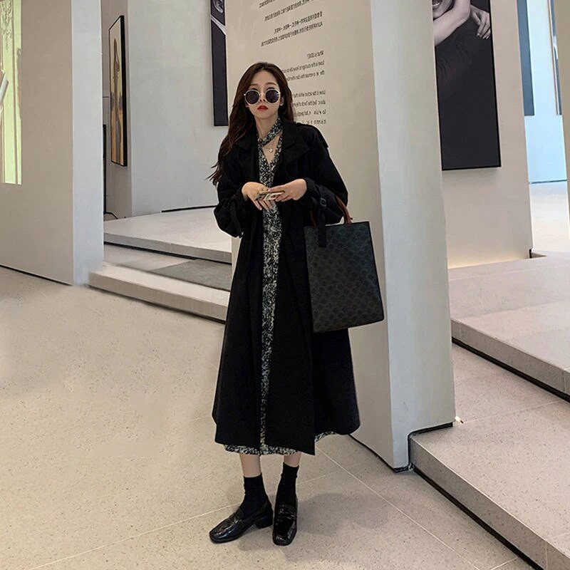 Γυναικείο Φθινοπωρινό Κλασικό Διπλό Μπουφάν Μακρύ Καμπαράκι με Ζώνη Γυναικείο μονόχρωμο ρεβέρ Windbreaker Χειμερινό παλτό για γυναίκες