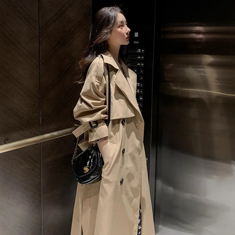 Γυναικείο Φθινοπωρινό Κλασικό Διπλό Μπουφάν Μακρύ Καμπαράκι με Ζώνη Γυναικείο μονόχρωμο ρεβέρ Windbreaker Χειμερινό παλτό για γυναίκες