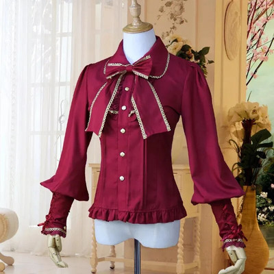 Φόρεμα πουκάμισο Steampunk βικτοριανή στολή Γυναικεία Vintage Slim Fit μπλούζα σιφόν Lolita παπιγιόν Φανάρι μανίκια Top Braid for Lady