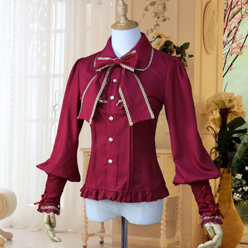 Φόρεμα πουκάμισο Steampunk βικτοριανή στολή Γυναικεία Vintage Slim Fit μπλούζα σιφόν Lolita παπιγιόν Φανάρι μανίκια Top Braid for Lady