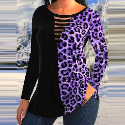 Naiste leopardi pikkade varrukatega sügistalvine T-särk Naiste vabaaja õõnsa kaelusega pluusiga topsid Suures suuruses Korea rõivad XL-6XL